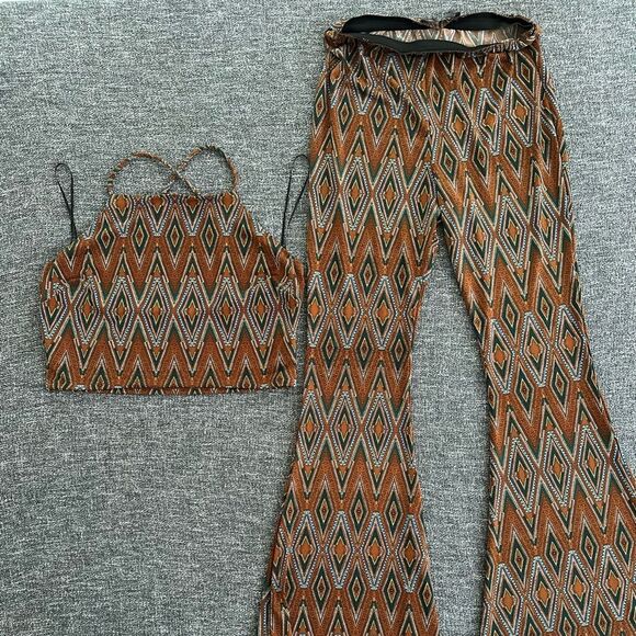 Lovely Day Retro Diamond Flare Pants in Brown and Black - Picture 2 of 5